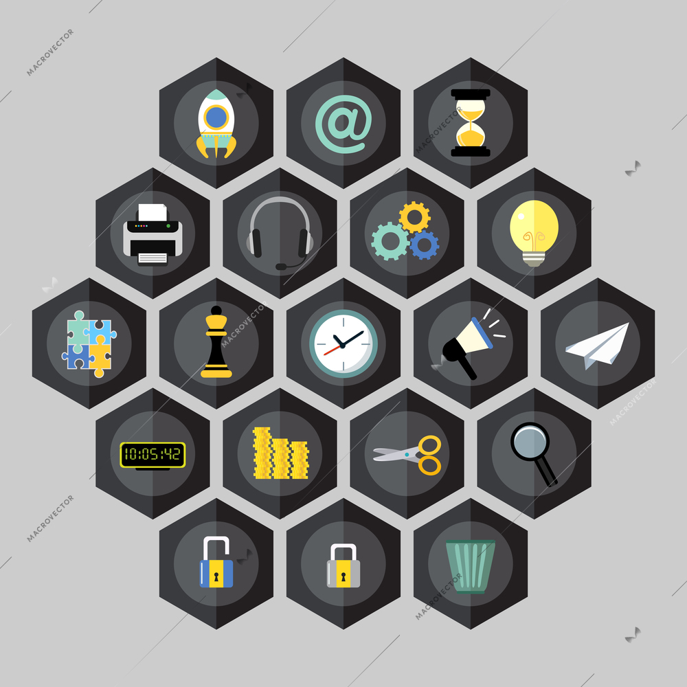 Hexagon business icons set of money megaphone clock lock cogwheel isolated vector illustration