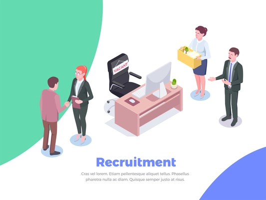 Recruitment isometric background with editable text and human characters of job candidates and office executive workers vector illustration