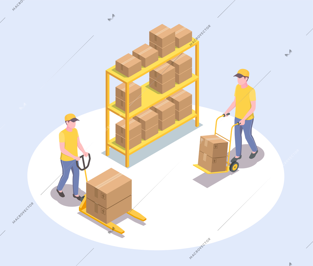 Delivery logistics shipment isometric composition with faceless human characters of two male workers and parcel rack vector illustration