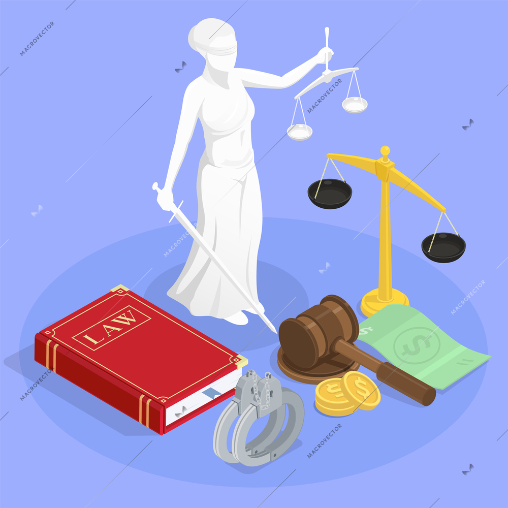 Law justice isometric composition with statue of themis book of law wristbands and other jurisdiction symbols vector illustration