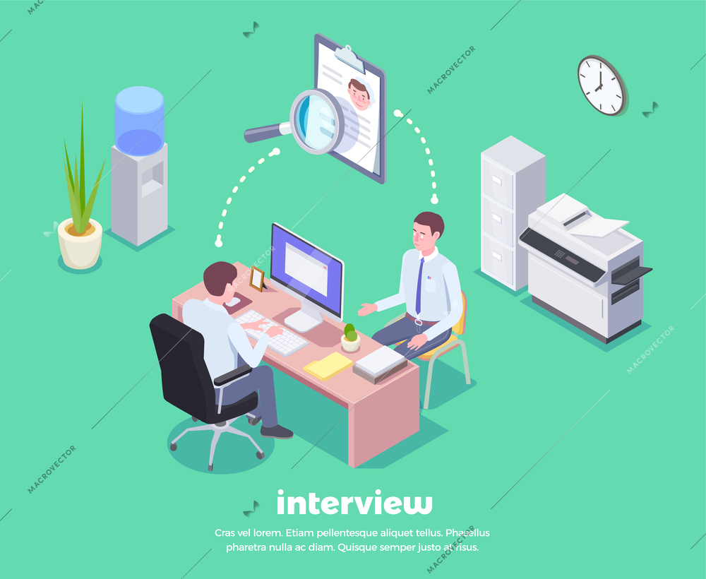 Recruitment isometric background composition with view of two men sitting at table with conceptual pictogram icons vector illustration