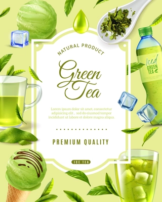 Realistic green tea frame background with ornate text and round composiion of various tea products images vector illustration