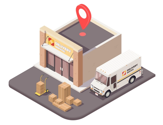 Delivery logistics shipment isometric composition with outdoor view of logistic company office building parcels and car vector illustration