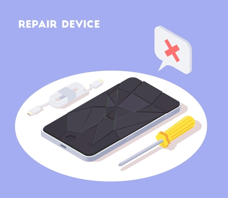 Modern devices isometric background composition with view of smartphone with broken screen and instruments with text vector illustration