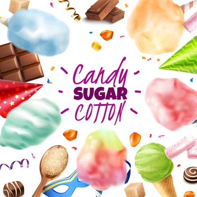 Realistic candy sugar cotton frame background with editable text and round composition of various confectionery products vector illustration