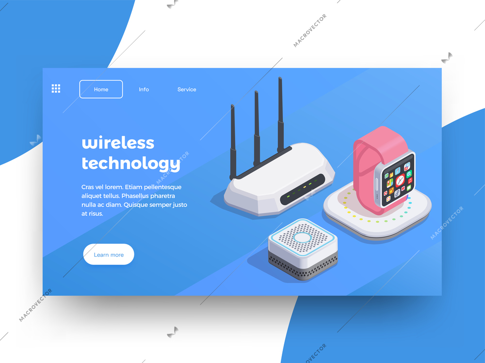 Modern devices isometric website page design background with images of smart watches wifi router with text vector illustration