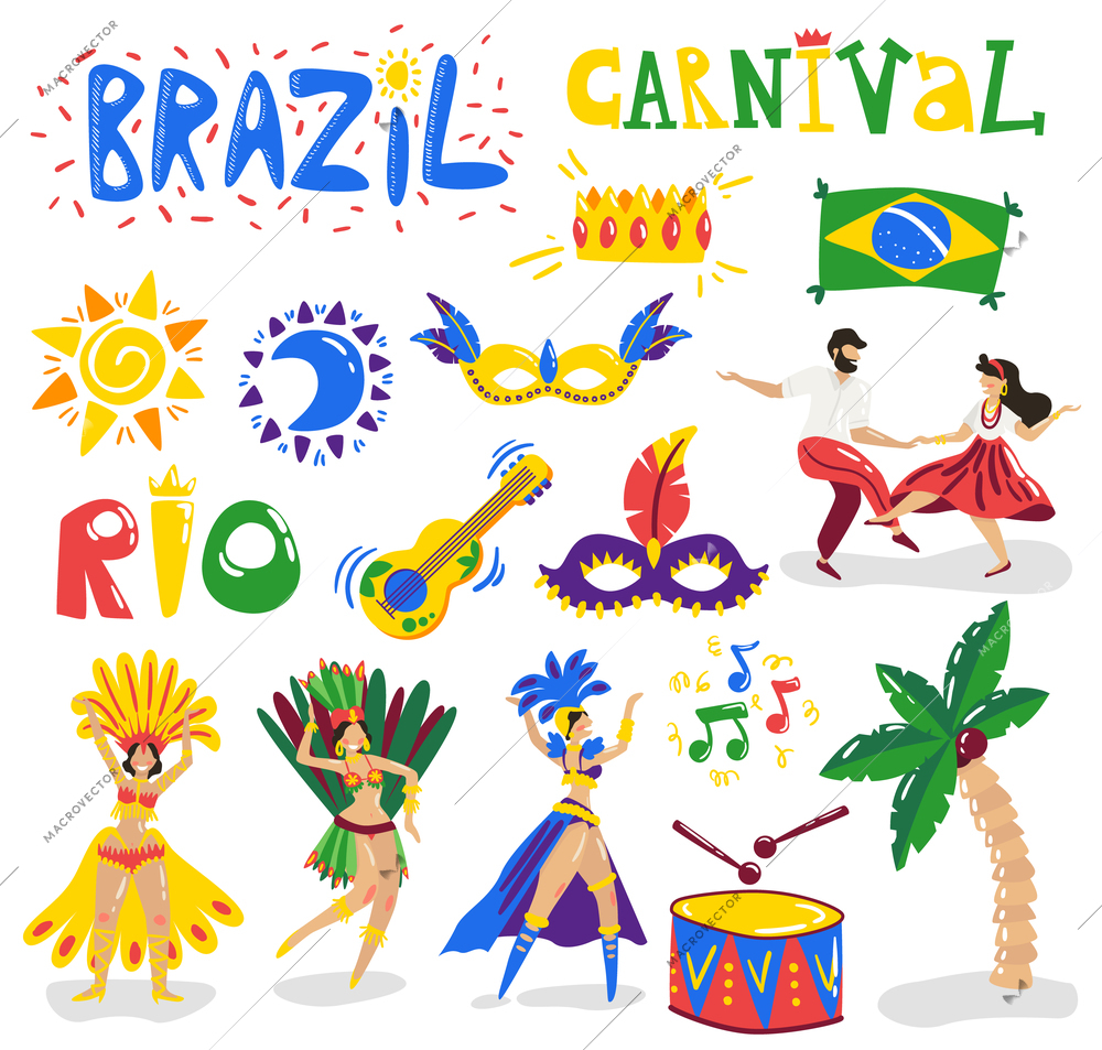 Brazil carnival celebration colorful symbols characters collection with music instruments dancers costumes mask sun flag vector illustration