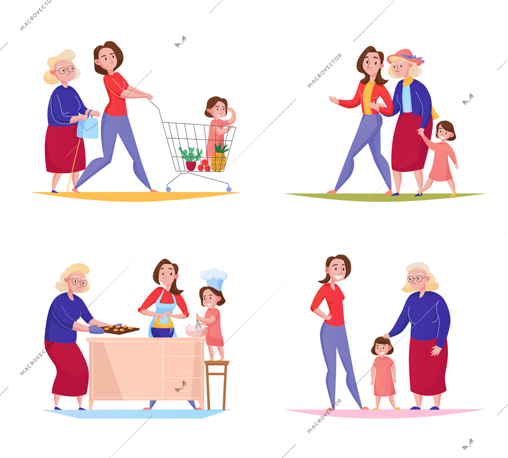 Three generation family women 4 flat designs square with grandma mother kid shopping walking outdoor vector illustration