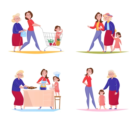 Three generation family women 4 flat designs square with grandma mother kid shopping walking outdoor vector illustration