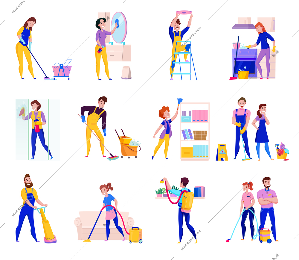 Professional cleaning service duties flat icons set with shelves dusting shower washing floors vacuuming isolated vector illustration