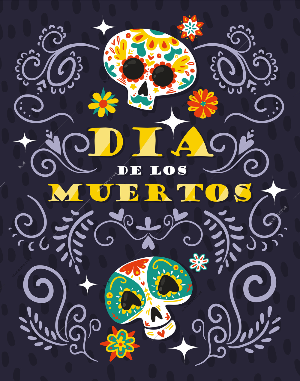 Mexican day dead dia muertos celebration floral ornamental poster with skull masks black background abstract vector illustration