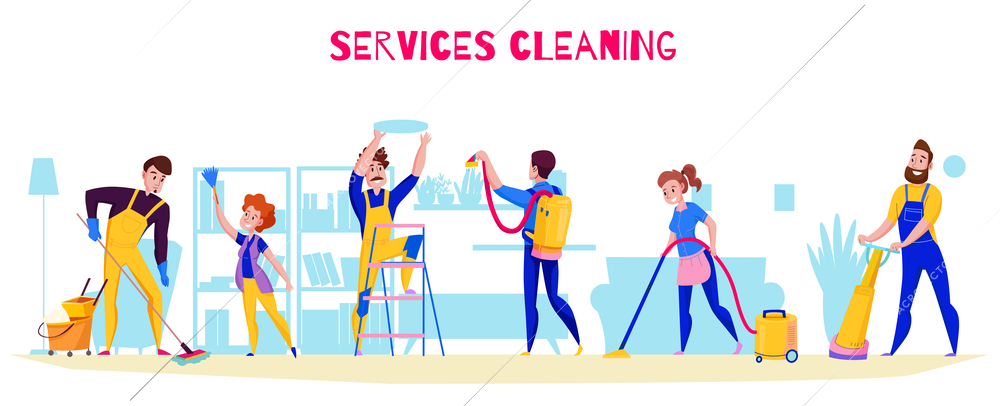 Cleaning service professional duties offer flat horizontal composition with floor washing polishing vacuuming shelves dusting vector illustration