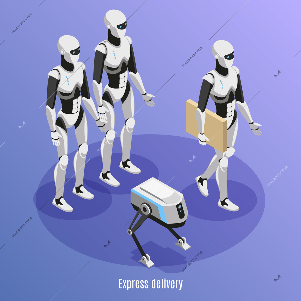 Express delivery isometric background with different kinds of post robots performing functions of parcels carry vector illustration