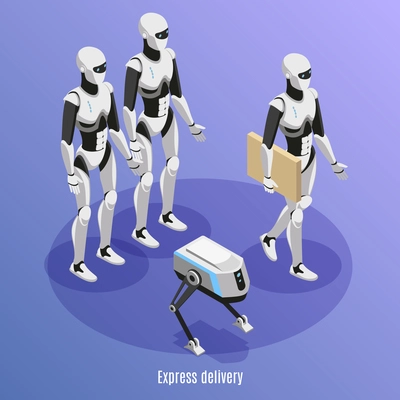 Express delivery isometric background with different kinds of post robots performing functions of parcels carry vector illustration