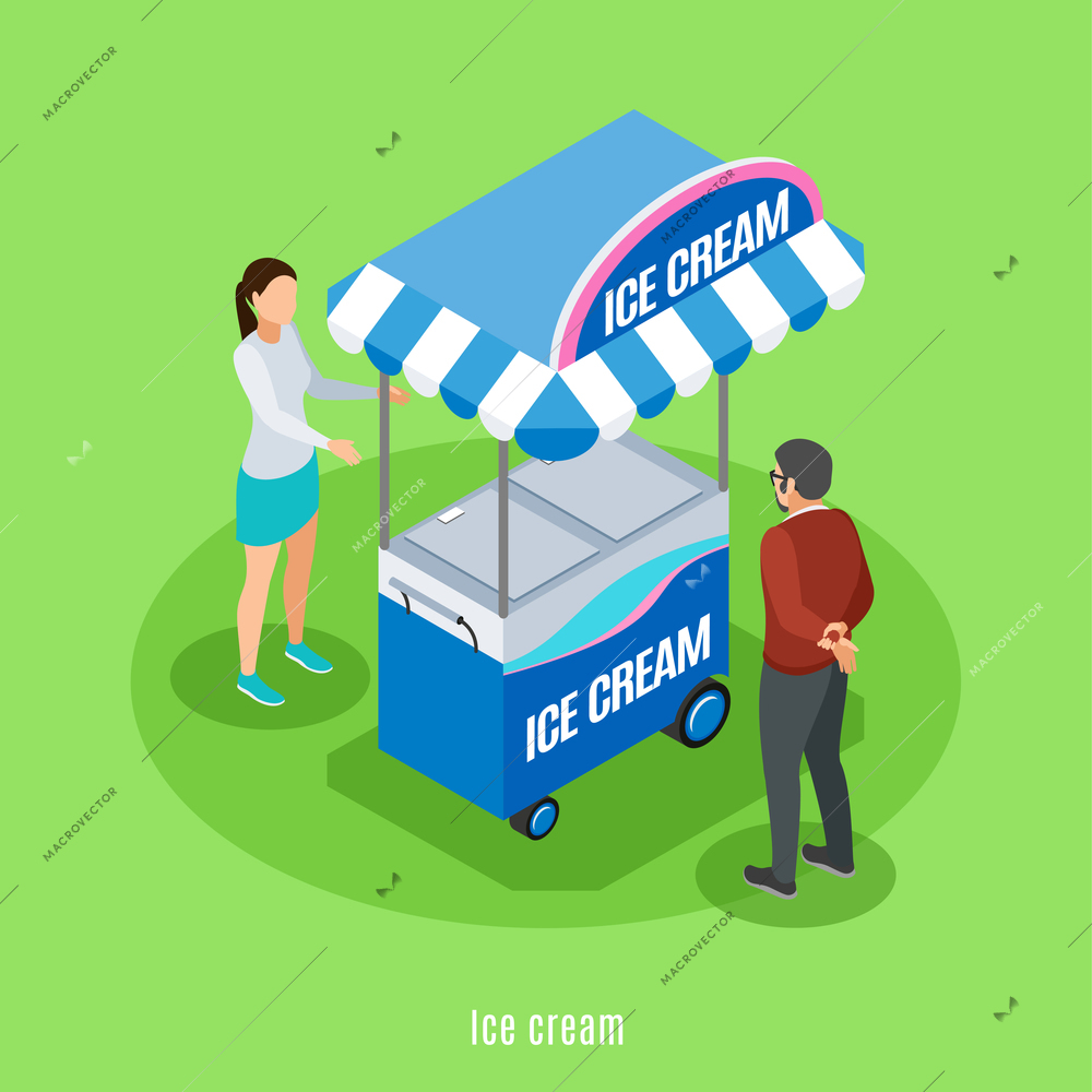 Ice cream isometric background with seller and buyer standing near street cart with sweet frozen food vector illustration