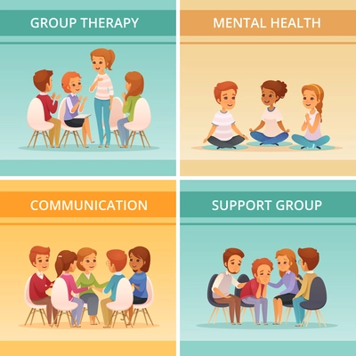 Four squares cartoon group therapy icon set with mental health communication and support group descriptions vector illustration