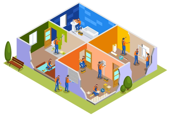 Home repair isometric composition with workers in apartment interior involved in painting walls laying tiles doors installation plumbing work vector illustration