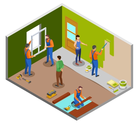 Home repair isometric design concept with craftspeople performing various works in room and owners giving instructions vector illustration