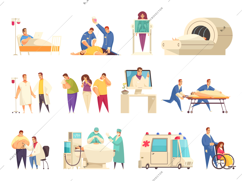 Medical isolated icon set with er nursing home hospitalization reanimation mri descriptions vector illustration