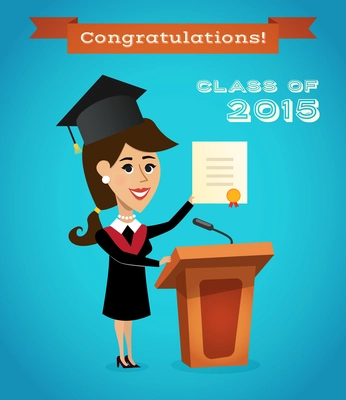 Graduating woman with graduation diploma near tribune with microphone vector illustration.