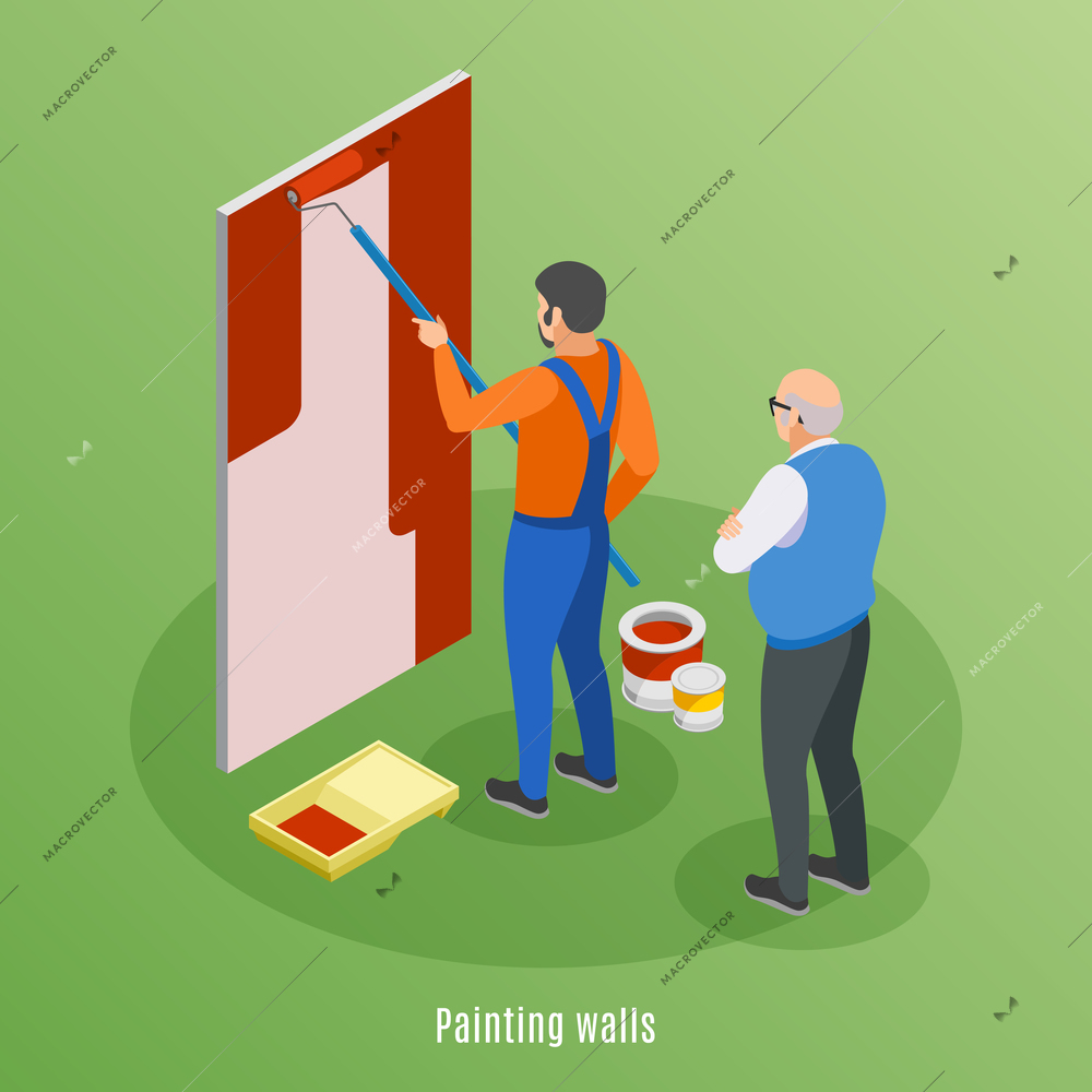 Home repair isometric design concept with craftsman painting wall and elderly customer supervising work vector illustration