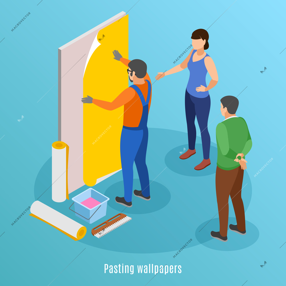 Home repair isometric background with worker pasting wallpaper and family couple supervising repair work vector illustration