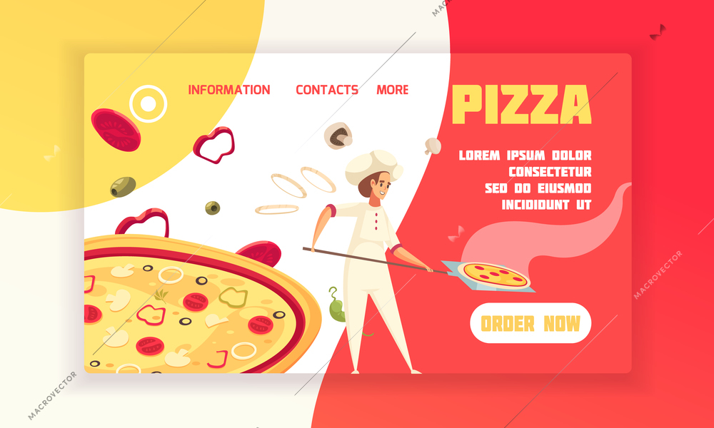 Horizontal flat pizza concept banner baker prepare pizza with order now button vector illustration
