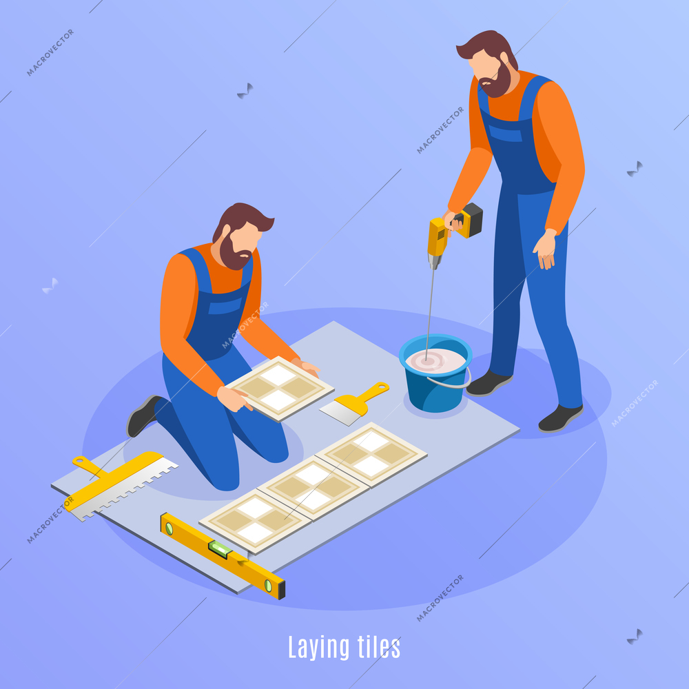 Home repair isometric background with two men in uniform preparing for laying tiles vector illustration