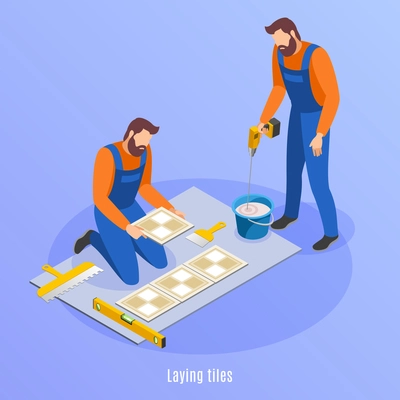 Home repair isometric background with two men in uniform preparing for laying tiles vector illustration