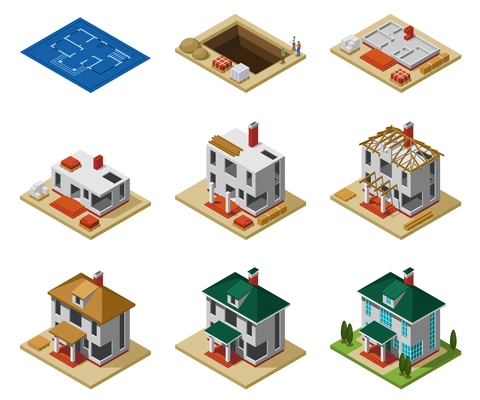 House construction phases from drawing to finished building isometric icons set isolated vector illustration