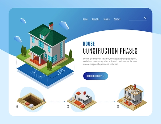 House construction phases advertising landing page template for web sites design isometric vector illustration
