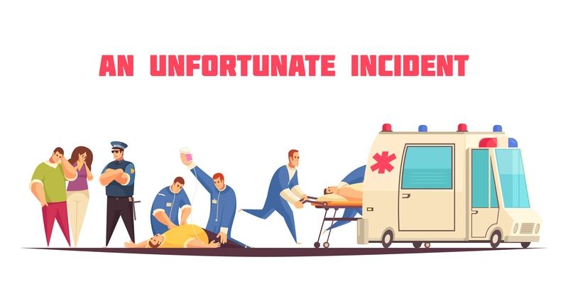 Flat colored ambulance composition with an unfortunate incident description and patient care vector illustration