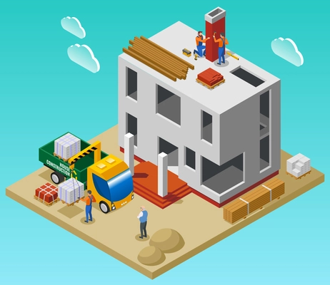 House construction isometric composition with team of builders unloading building materials with crane near unfinished building vector illustration