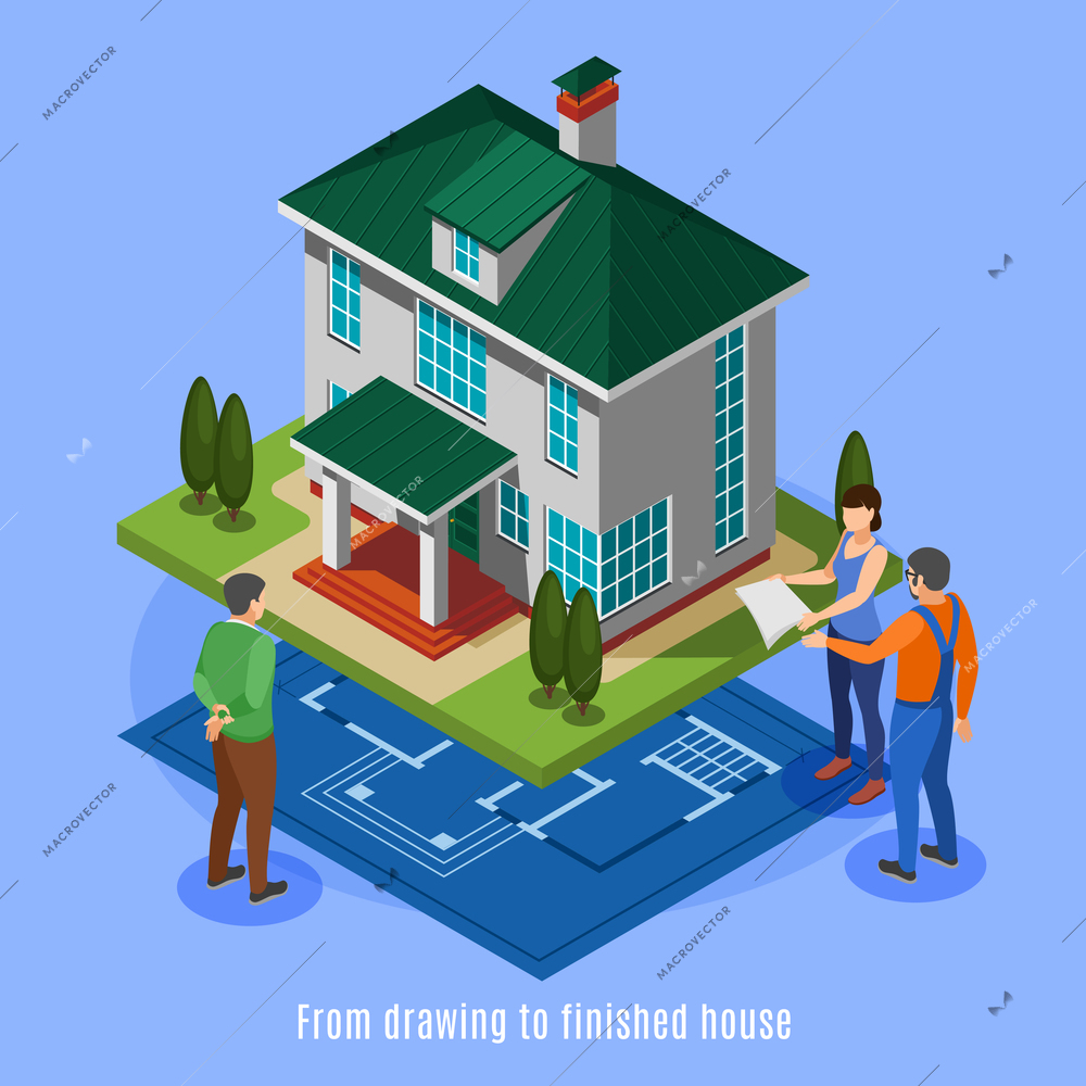 House construction phases background from drawing to finished house isometric vector illustration