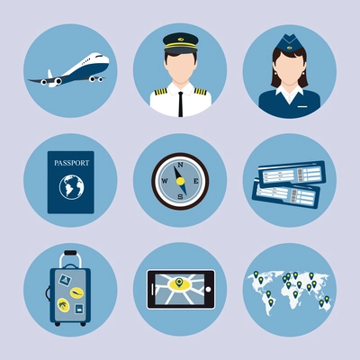 Airlines travel concept icons set with pilot stewardess passport luggage trolley tickets vector isolated illustration