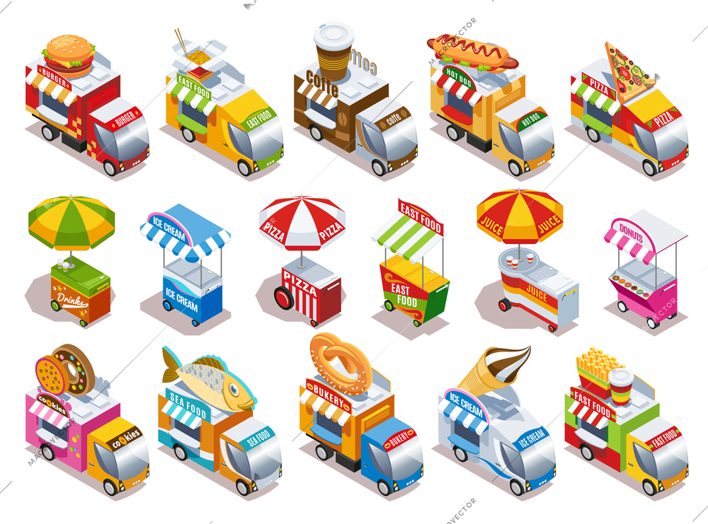 Food trucks and street carts vending fast food drinks and ice cream isometric icons set isolated vector illustration