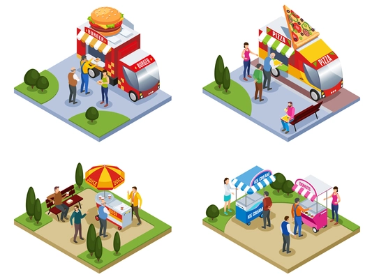 Four isometric outdoors compositions with people near street food trucks delivering pizza burgers ice cream isolated vector illustration