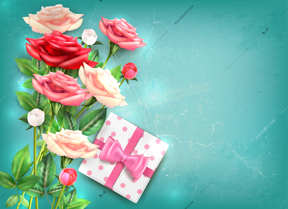 Mothers Day flatlay concept with beautiful bouquet of roses and gift with big pink bow vector illustration