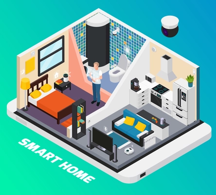 Smart home interior isometric design with light system stove tv controlled with wearable mobile devices vector illustration