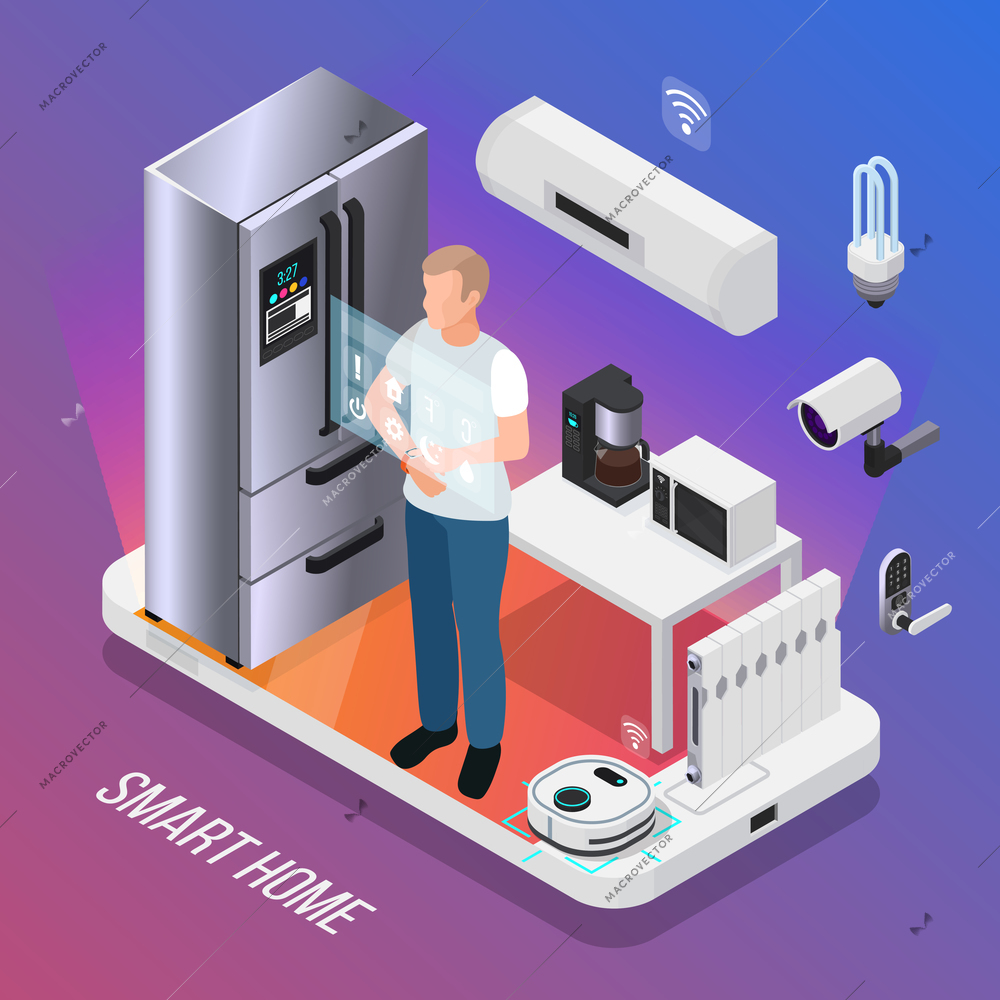 IOT kitchen appliances security camera  isometric composition with owner controlling smart refrigerator with touch display vector illustration