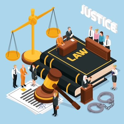 Law justice jury trial legal court proceedings isometric composition with gavel balance defendant judge police vector illustration