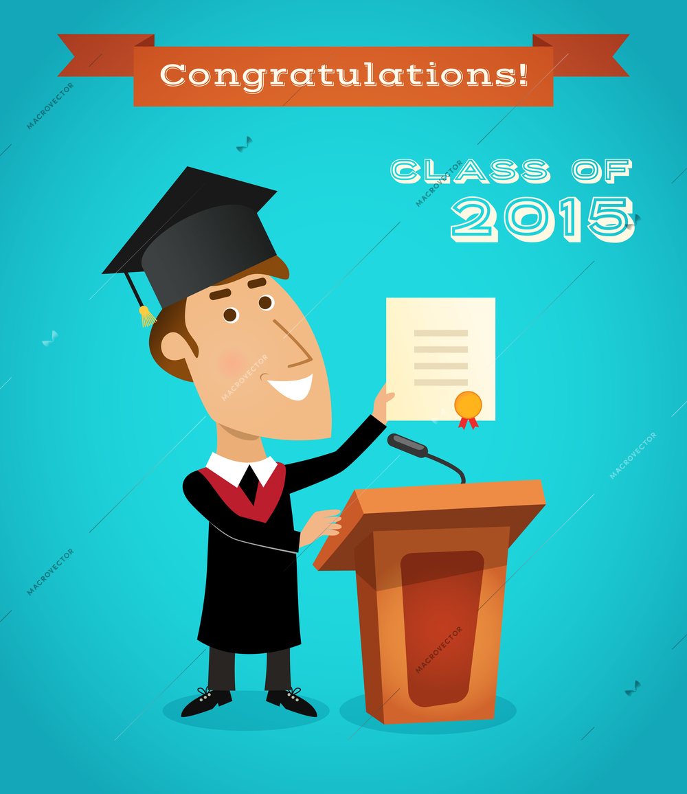 Graduating young man with graduation diploma near tribune with microphone vector illustration.