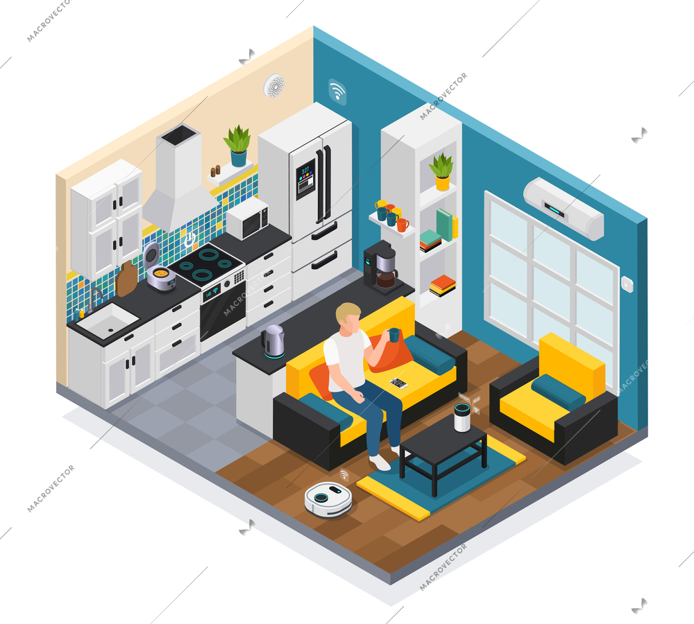 Smart home interior isometric composition with iot internet of things remote controlled kitchen living room devices vector illustration