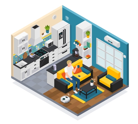 Smart home interior isometric composition with iot internet of things remote controlled kitchen living room devices vector illustration