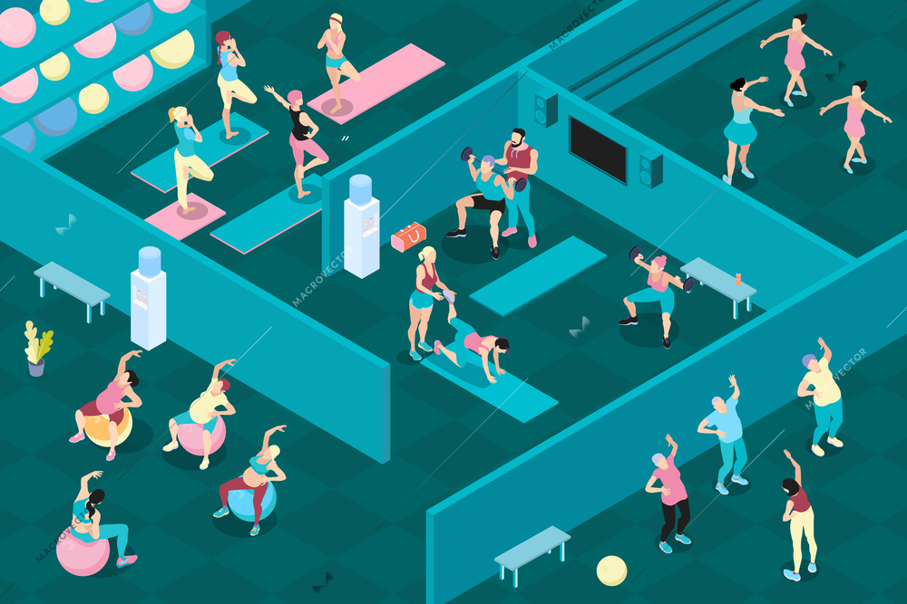 Men and women at different sports classes in gym 3d horizontal isometric vector illustration