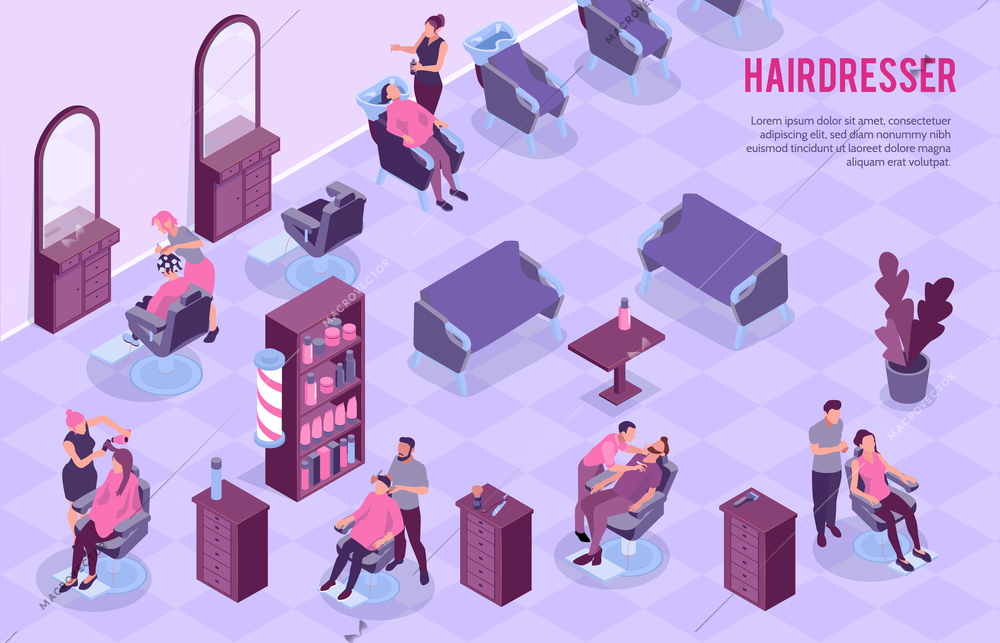 Big barbershop room interior and stylists at work 3d horizontal isometric vector illustration
