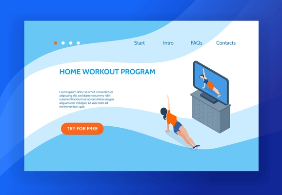 Aerobics concept banner with woman doing workout at home in front of television set 3d isometric vector illustration