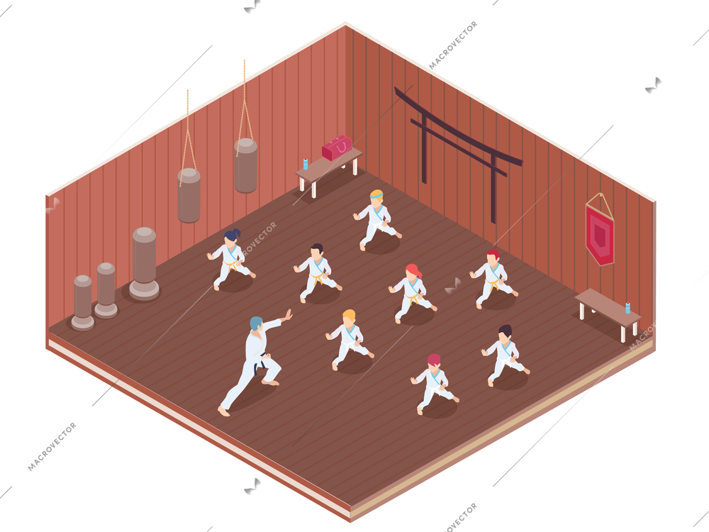 Group of children having martial arts classes in gym 3d isometric vector illustration