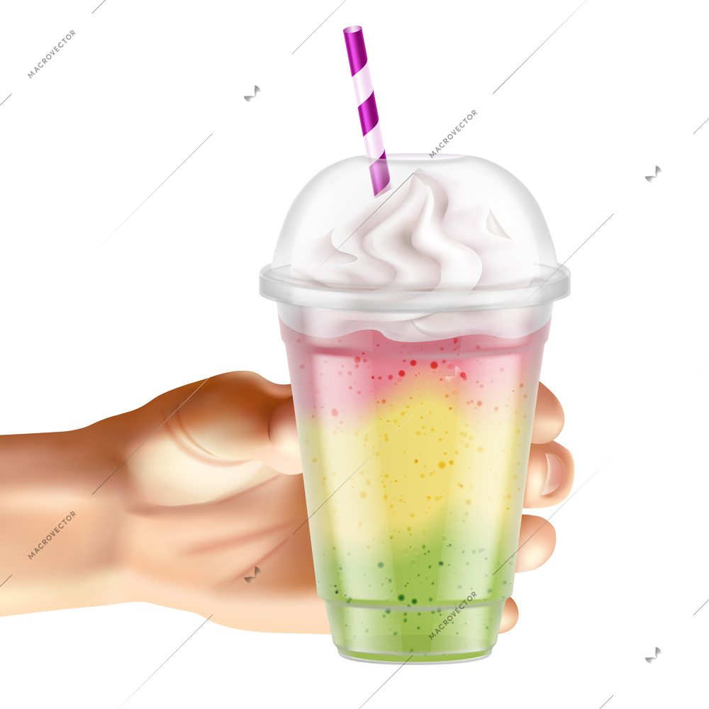 Transparent plastic glass with fruit cocktail in hand realistic vector illustration