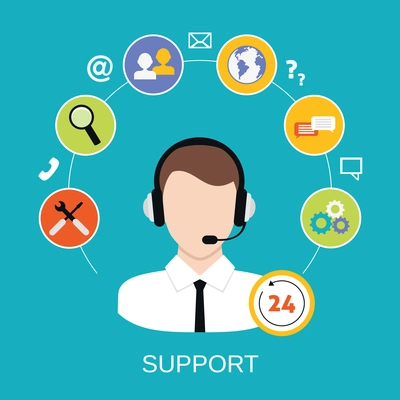 24h all the time customer support center via phone mail operator service icons concept vector illustration